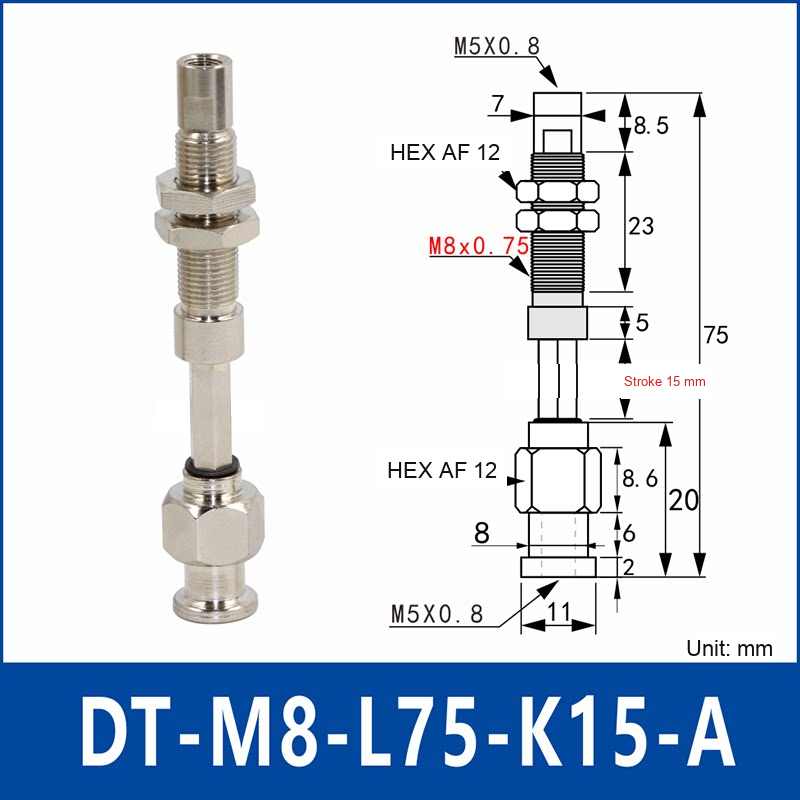DT-M8-L75-K15-A – Anti-Rotation, Long A, anti-rotation spring-loaded vacuum cup holder, long a, 15 mm stroke, M8 x 1.0 mounting thread, nickel-plated copper alloy, with technical dimensions
