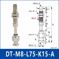 DT-M8-L75-K15-A – Anti-Rotation, Long A, anti-rotation spring-loaded vacuum cup holder, long a, 15 mm stroke, M8 x 1.0 mounting thread, nickel-plated copper alloy, with technical dimensions