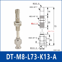 DT-M8-L73-K13-A – Anti-Rotation, Long A, anti-rotation spring-loaded vacuum cup holder, long a, 13 mm stroke, M8 x 1.0 mounting thread, nickel-plated copper alloy, with technical dimensions
