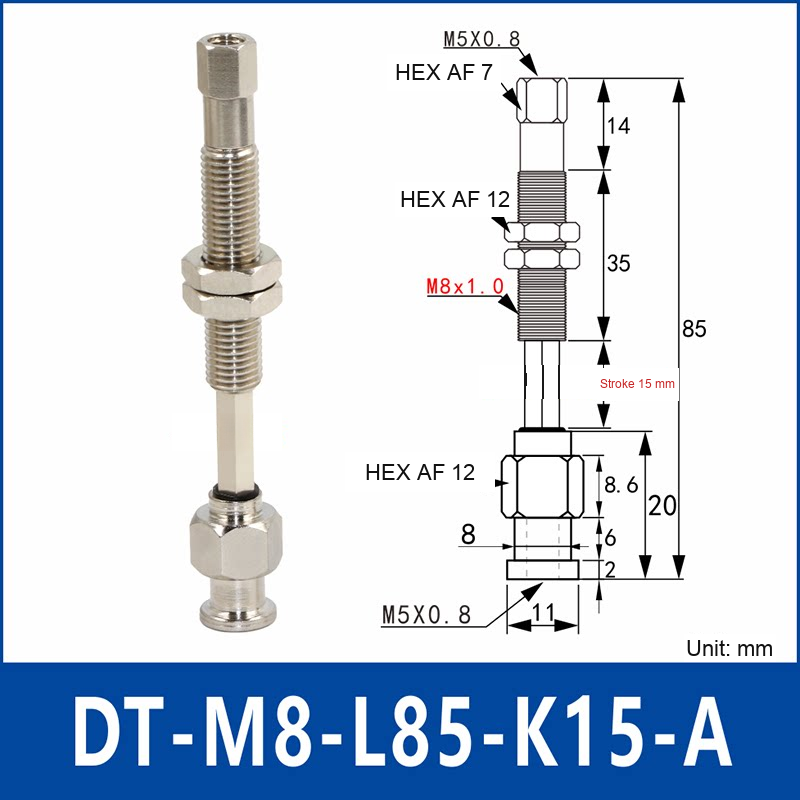 DT-M8-L85-K15-A – Anti-Rotation, Long A, anti-rotation spring-loaded vacuum cup holder, long a, 15 mm stroke, M8 x 1.0 mounting thread, nickel-plated copper alloy, with technical dimensions