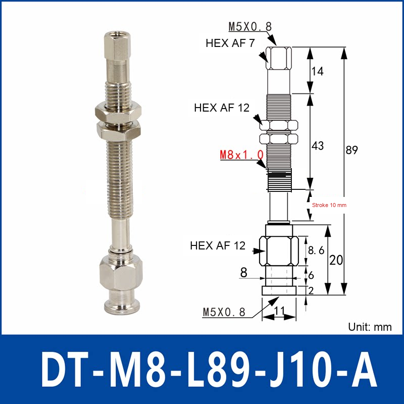 DT-M8-L89-J10-A – Rotatable, Long A, rotatable spring-loaded vacuum cup holder, long a, 10 mm stroke, M8 x 1.0 mounting thread, nickel-plated copper alloy, with technical dimensions