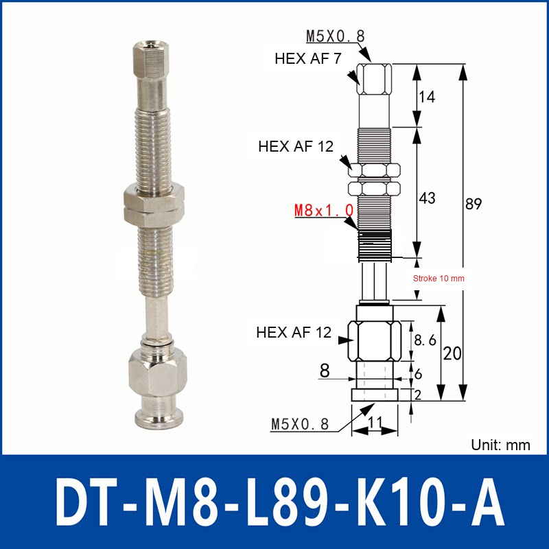 DT-M8-L89-K10-A – Anti-Rotation, Long A, anti-rotation spring-loaded vacuum cup holder, long a, 10 mm stroke, M8 x 1.0 mounting thread, nickel-plated copper alloy, with technical dimensions
