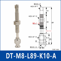 DT-M8-L89-K10-A – Anti-Rotation, Long A, anti-rotation spring-loaded vacuum cup holder, long a, 10 mm stroke, M8 x 1.0 mounting thread, nickel-plated copper alloy, with technical dimensions
