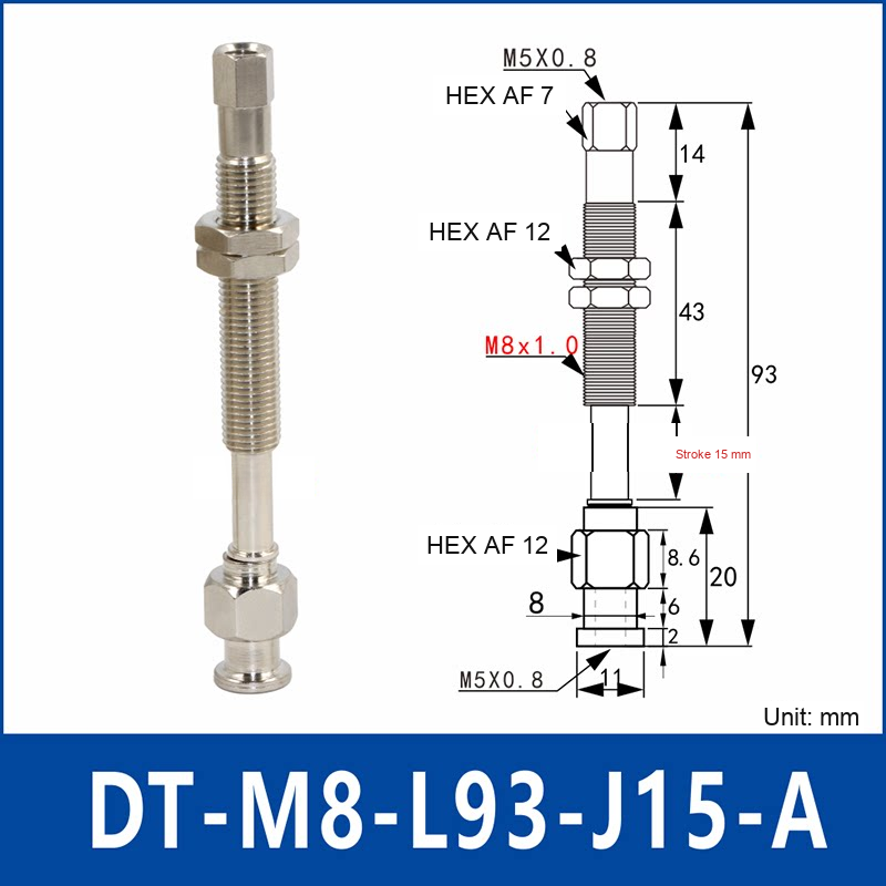 DT-M8-L93-J15-A – Rotatable, Long A, rotatable spring-loaded vacuum cup holder, long a, 15 mm stroke, M8 x 1.0 mounting thread, nickel-plated copper alloy, with technical dimensions