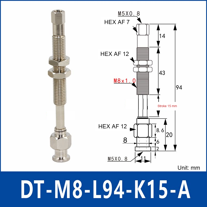 DT-M8-L94-K15-A – Anti-Rotation, Long A, anti-rotation spring-loaded vacuum cup holder, long a, 15 mm stroke, M8 x 1.0 mounting thread, nickel-plated copper alloy, with technical dimensions