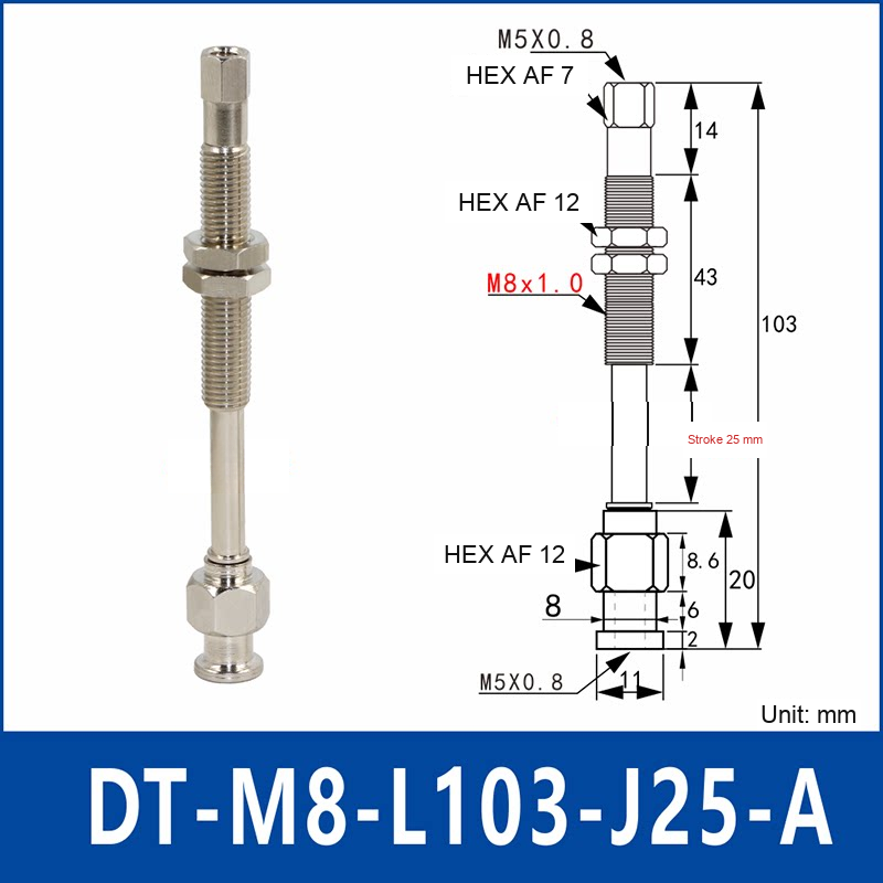 DT-M8-L103-J25-A – Rotatable, Long A, rotatable spring-loaded vacuum cup holder, long a, 25 mm stroke, M8 x 1.0 mounting thread, nickel-plated copper alloy, with technical dimensions