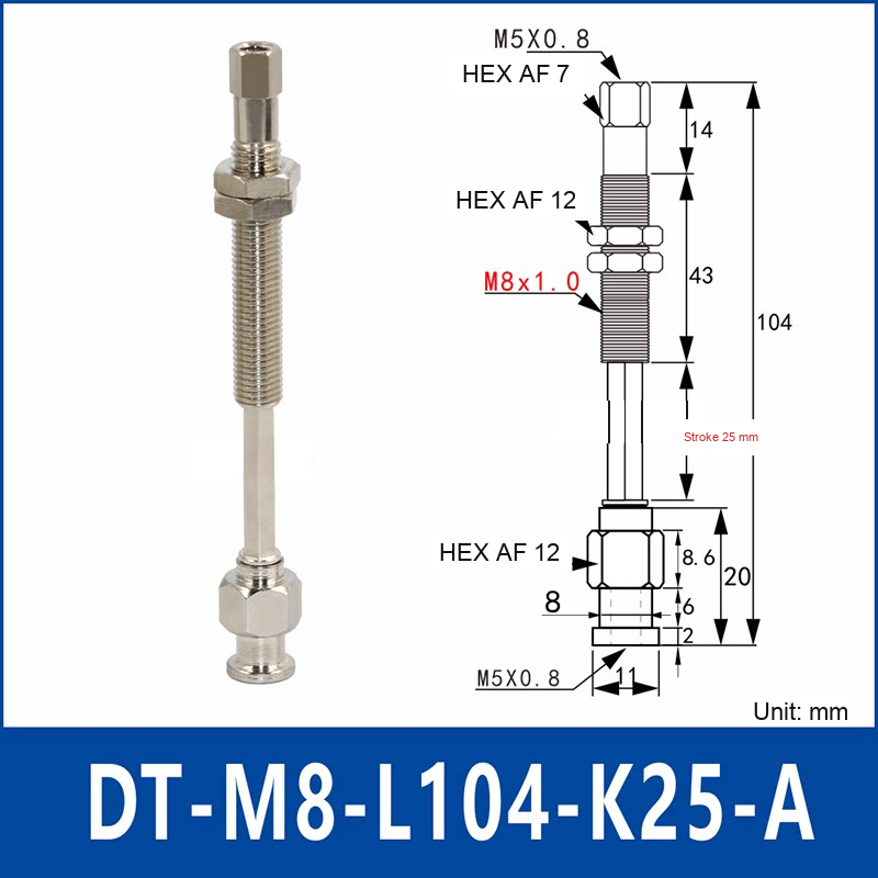 DT-M8-L104-K25-A – Anti-Rotation, Long A, anti-rotation spring-loaded vacuum cup holder, long a, 25 mm stroke, M8 x 1.0 mounting thread, nickel-plated copper alloy, with technical dimensions