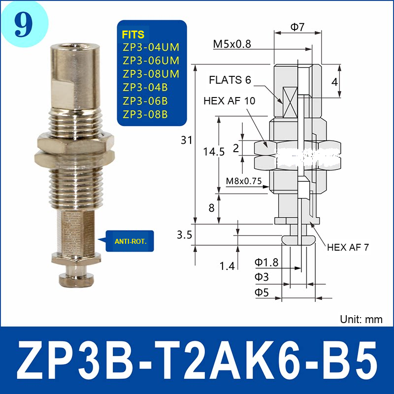 ZP3B-T2AK6-B5 – Anti-Rotation, nickel-plated brass ZP3B vacuum cup holder, M5 x 0.8 upper connection, anti-rotation configuration, with technical dimensions
