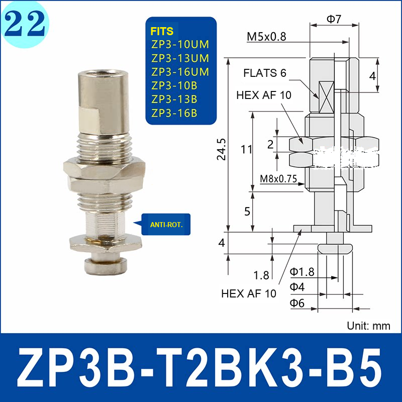 ZP3B-T2BK3-B5 – Anti-Rotation, nickel-plated brass ZP3B vacuum cup holder, M5 x 0.8 upper connection, anti-rotation configuration, with technical dimensions