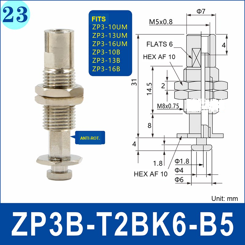 ZP3B-T2BK6-B5 – Anti-Rotation, nickel-plated brass ZP3B vacuum cup holder, M5 x 0.8 upper connection, anti-rotation configuration, with technical dimensions
