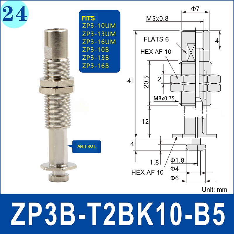 ZP3B-T2BK10-B5 – Anti-Rotation, nickel-plated brass ZP3B vacuum cup holder, M5 x 0.8 upper connection, anti-rotation configuration, with technical dimensions