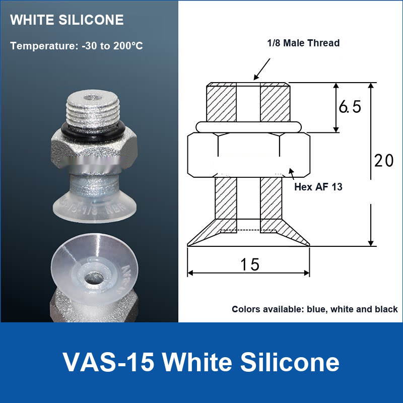 VAS-15 White Silicone vacuum suction cup with technical dimensions