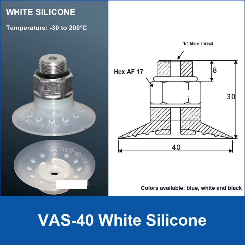 VAS-40 White Silicone vacuum suction cup with technical dimensions