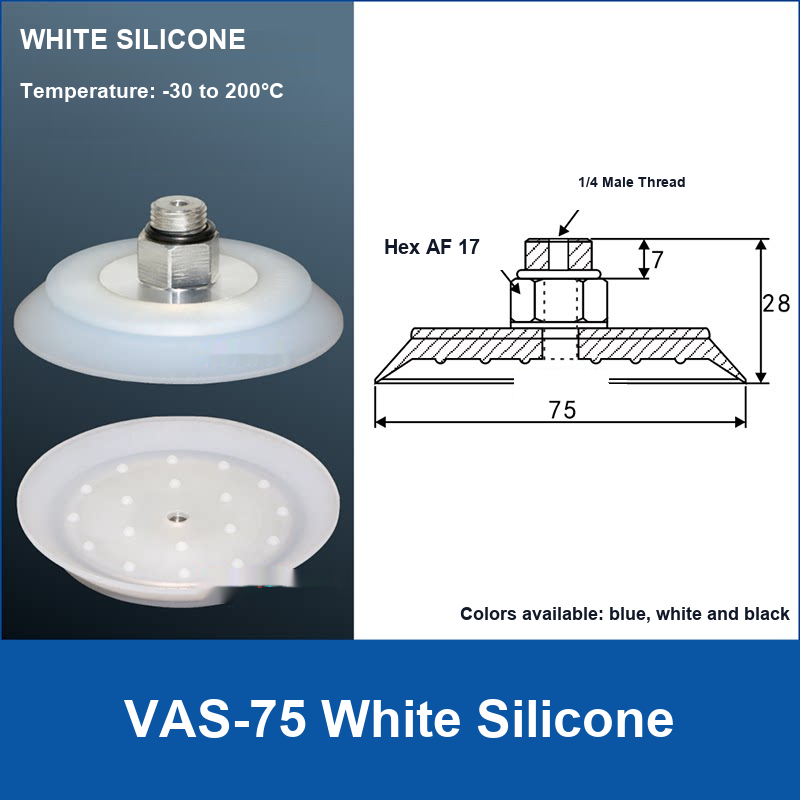 VAS-75 White Silicone vacuum suction cup with technical dimensions