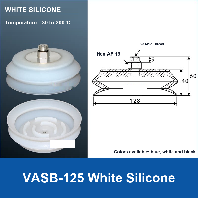 VASB-125 White Silicone vacuum suction cup with technical dimensions