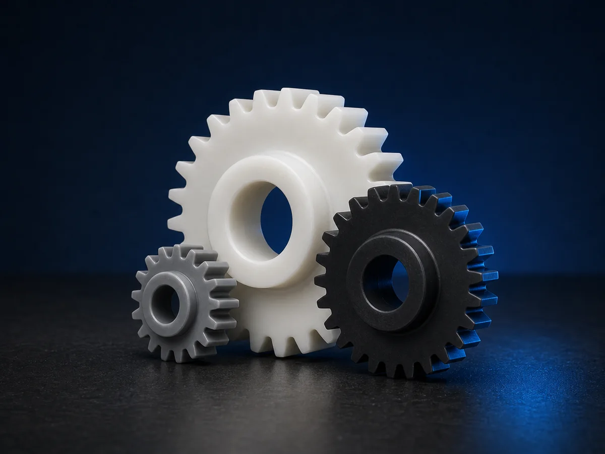 Illustrative render of generic engineering-plastic spur gears for drawing-based quotation