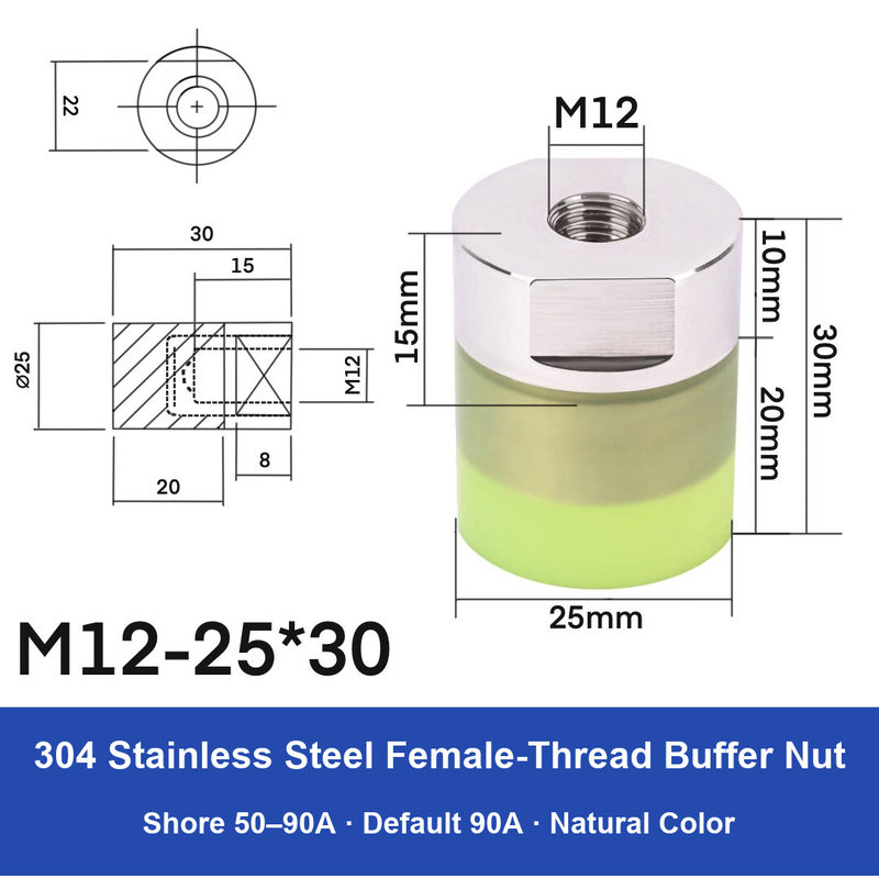 Female Thread M12 – Ø25 × 30 mm, 304 stainless steel polyurethane-coated buffer component