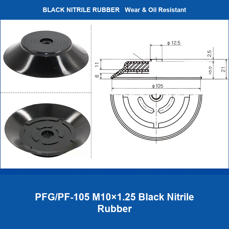 PFG/PF-105 M10×1.25 Black Nitrile Rubber heavy-duty flat vacuum suction cup and technical dimensions