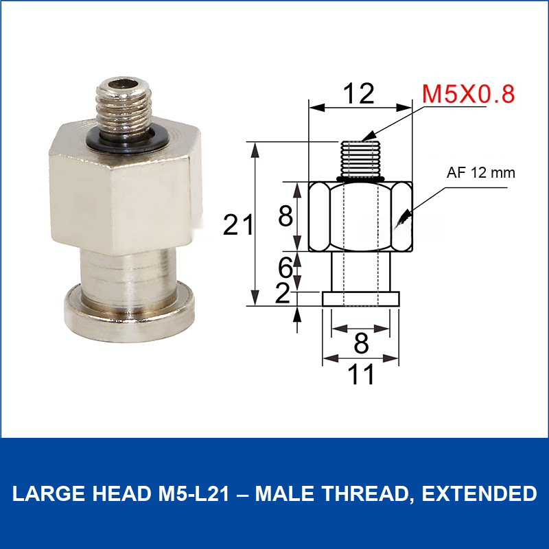Large Head M5-L21 – Male Thread, Extended vacuum cup fitting or adapter, Nickel-Plated Copper, Male Thread, with technical dimensions