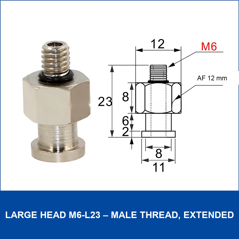 Large Head M6-L23 – Male Thread, Extended vacuum cup fitting or adapter, Nickel-Plated Copper, Male Thread, with technical dimensions