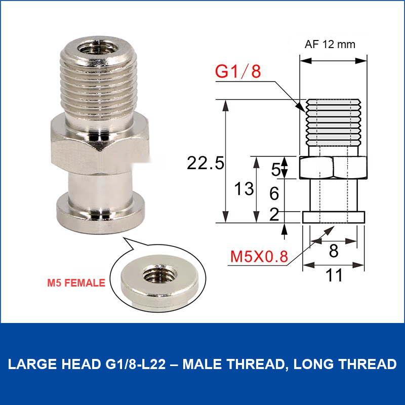 Large Head G1/8-L22 – Male Thread, Long Thread vacuum cup fitting or adapter, Nickel-Plated Copper, Male Thread, with technical dimensions