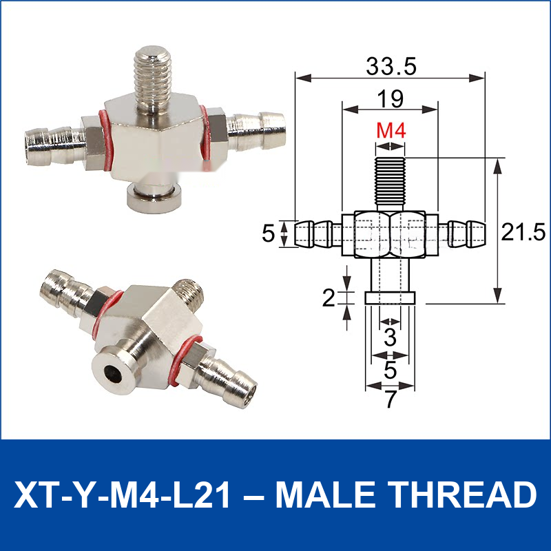 XT-Y-M4-L21 – Male Thread vacuum cup fitting or adapter, Nickel-Plated Copper, Male Thread, with technical dimensions