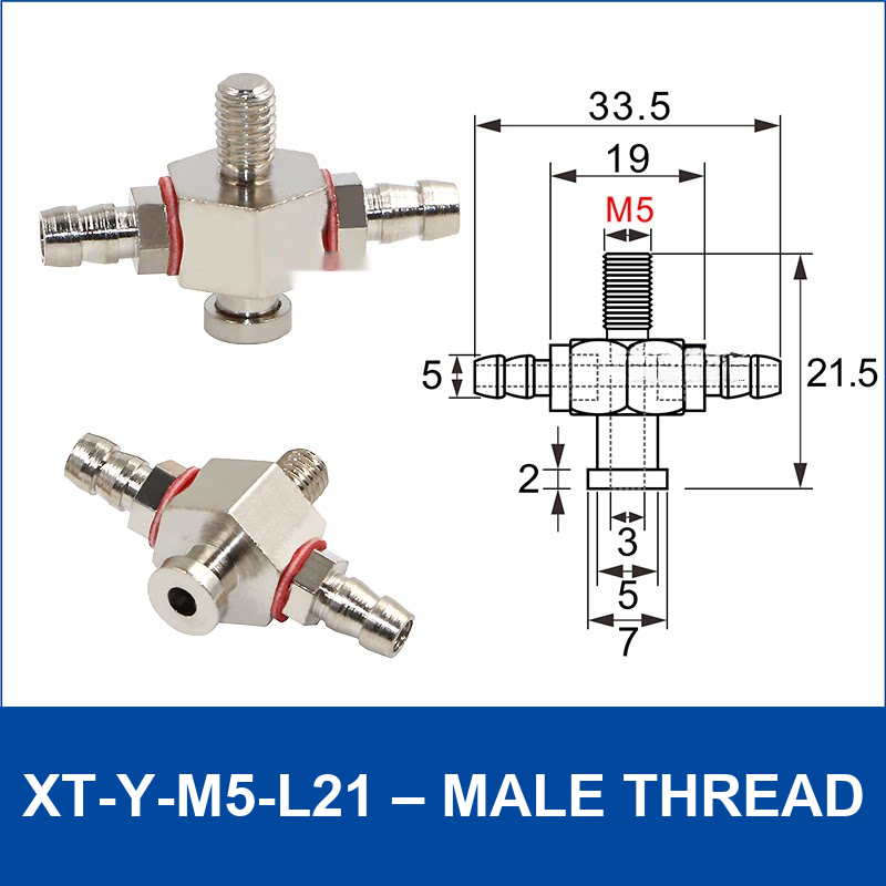 XT-Y-M5-L21 – Male Thread vacuum cup fitting or adapter, Nickel-Plated Copper, Male Thread, with technical dimensions