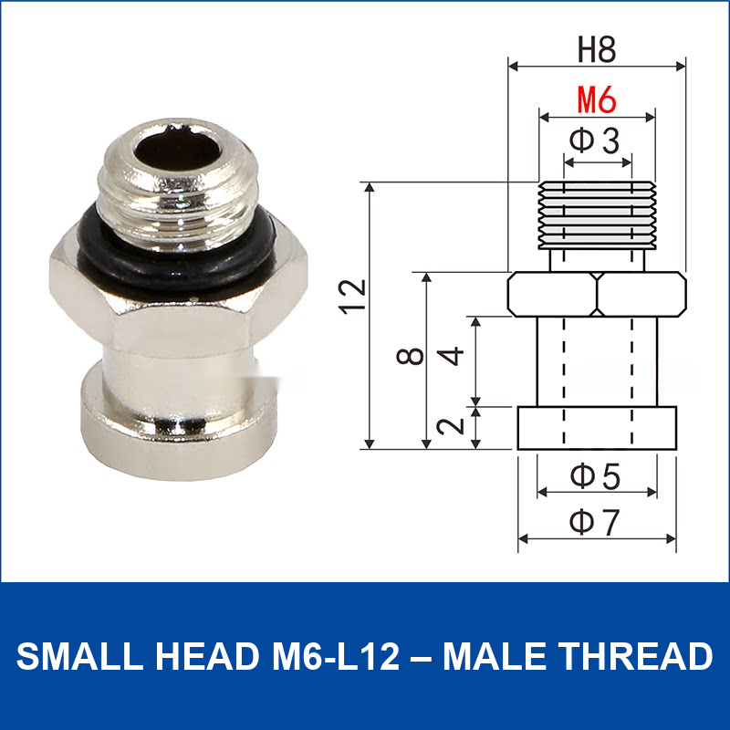 Small Head M6-L12 – Male Thread vacuum cup fitting or adapter, Nickel-Plated Copper, Male Thread, with technical dimensions
