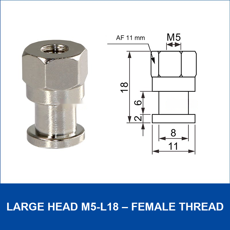 Large Head M5-L18 – Female Thread vacuum cup fitting or adapter, Nickel-Plated Copper, Female Thread, with technical dimensions