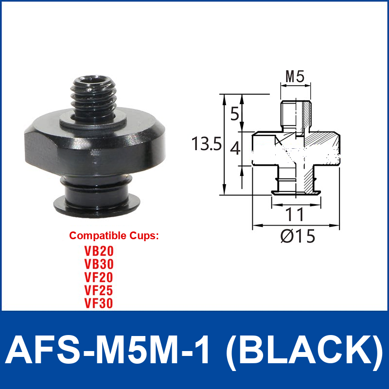 AFS-M5M-1 – M5 Male Thread, Black, aluminum-alloy vacuum cup adapter, M5 Male connection, black finish, with technical dimensions