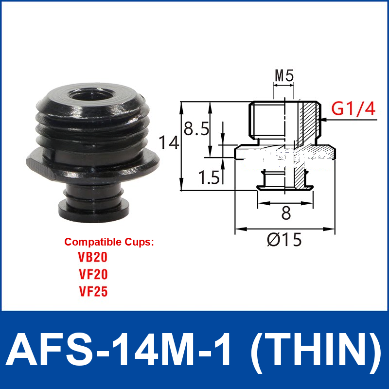 AFS-14M-1 – G1/4 Male Thread, Thin, aluminum-alloy vacuum cup adapter, G1/4 Male connection, black finish, with technical dimensions
