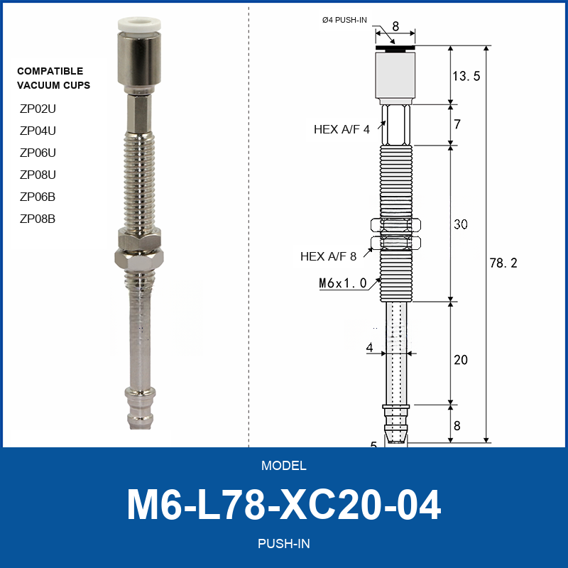 M6-L78-XC20-04 Push-in M6 vacuum cup holder with dimensional drawing