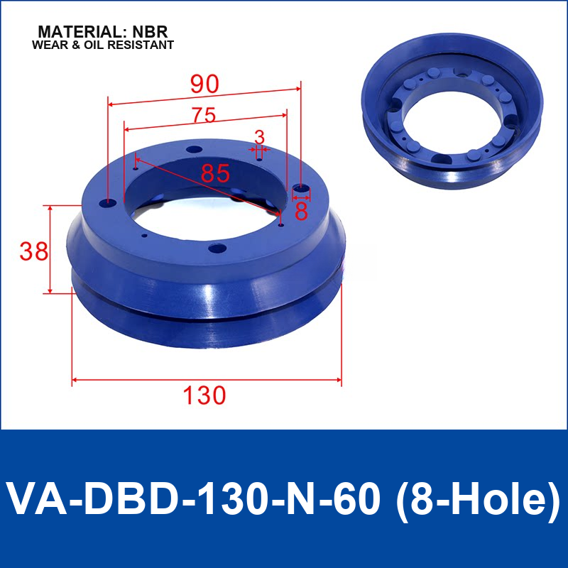 VA-DBD-130-N-60 (8-Hole) NBR vacuum cup, 8-hole configuration, with product view and dimensional drawing