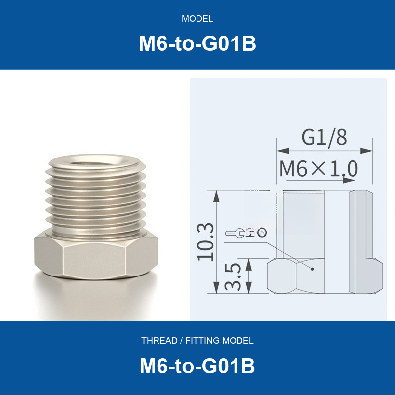 M6-to-G01B threaded vacuum cup mount fitting with product view and dimensional drawing
