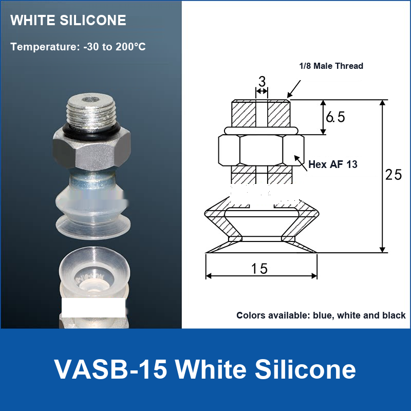 VASB-15 White Silicone vacuum suction cup with technical dimensions