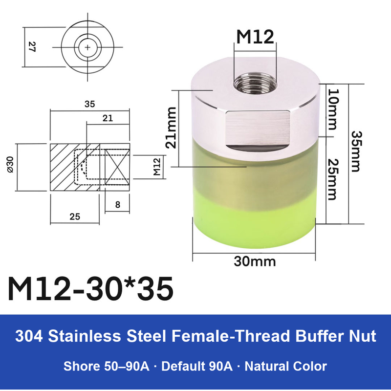 Female Thread M12 – Ø30 × 35 mm, 304 stainless steel polyurethane-coated buffer component