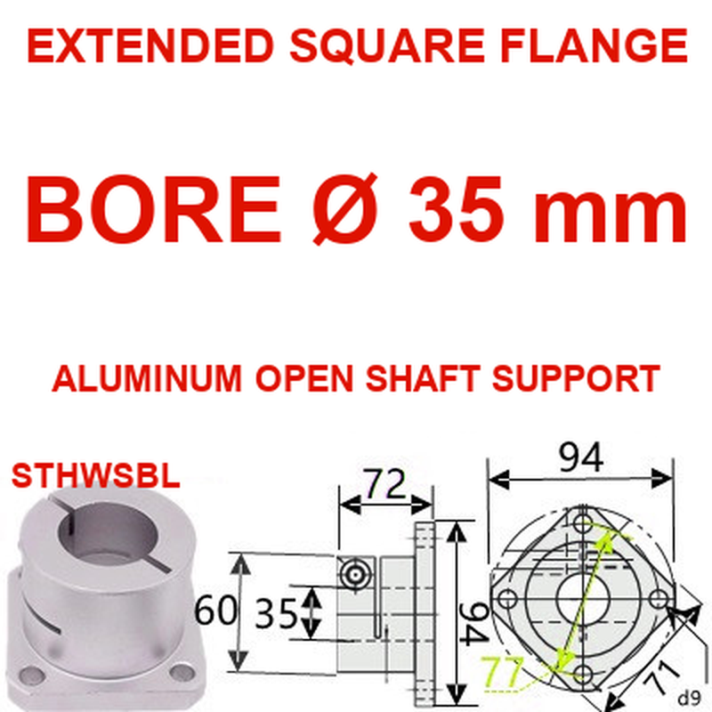STHWSBL extended square flange aluminum open shaft support, 35 mm bore