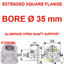 STHWSBL extended square flange aluminum open shaft support, 35 mm bore