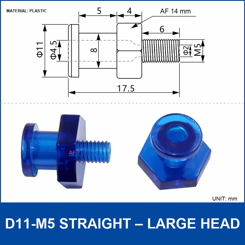 D11-M5 Straight – Large Head vacuum cup fitting or adapter, Plastic, Straight Connector, with technical dimensions