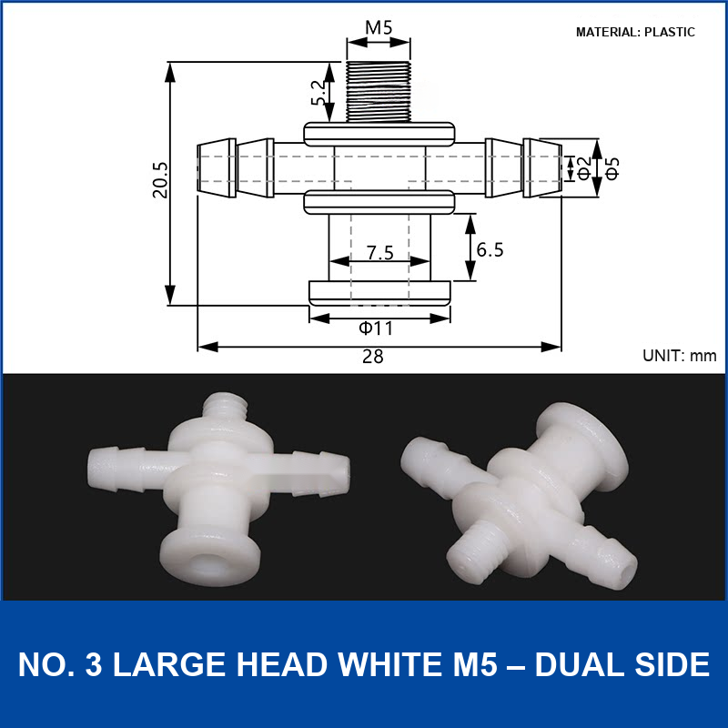 No. 3 Large Head White M5 – Dual Side vacuum cup fitting or adapter, Plastic, Straight Connector, with technical dimensions
