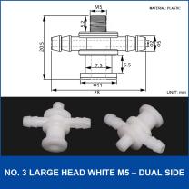 No. 3 Large Head White M5 – Dual Side vacuum cup fitting or adapter, Plastic, Straight Connector, with technical dimensions