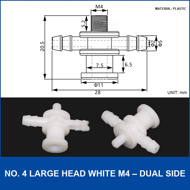 No. 4 Large Head White M4 – Dual Side vacuum cup fitting or adapter, Plastic, Straight Connector, with technical dimensions