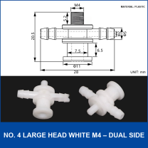 No. 4 Large Head White M4 – Dual Side vacuum cup fitting or adapter, Plastic, Straight Connector, with technical dimensions