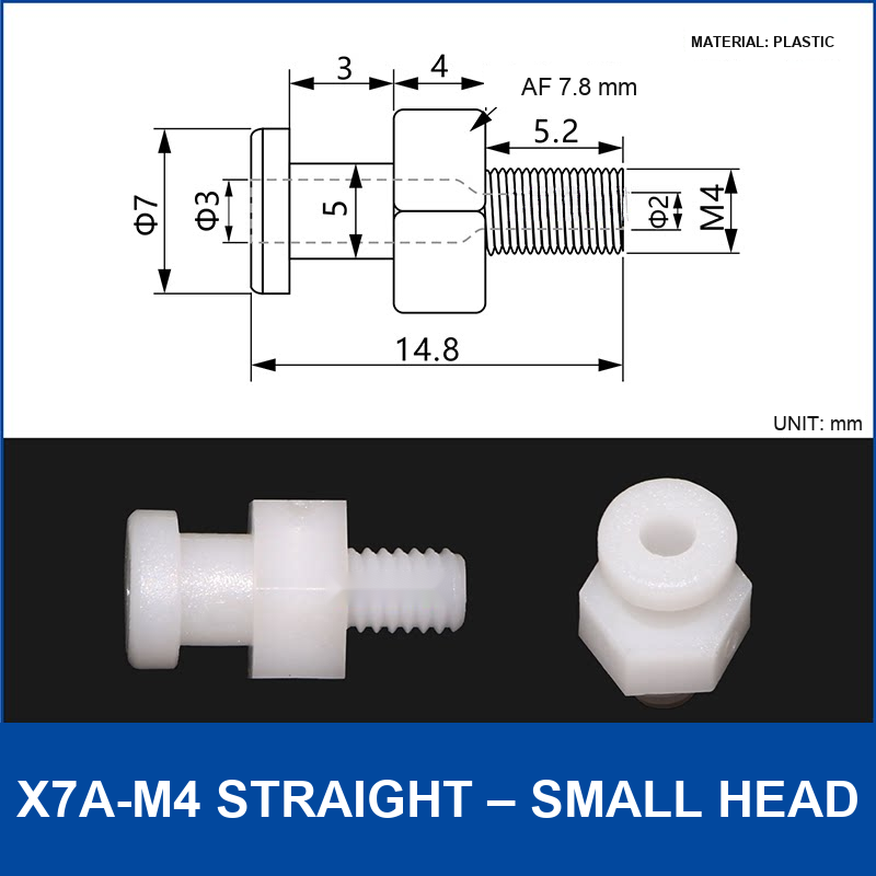 X7A-M4 Straight – Small Head vacuum cup fitting or adapter, Plastic, Straight Connector, with technical dimensions