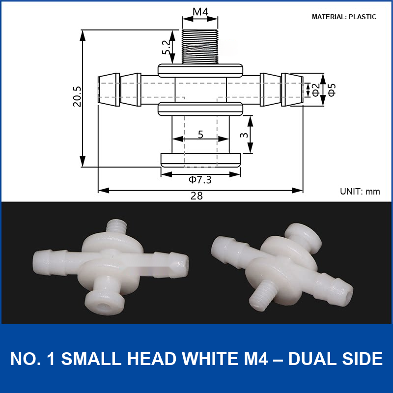 No. 1 Small Head White M4 – Dual Side vacuum cup fitting or adapter, Plastic, Straight Connector, with technical dimensions