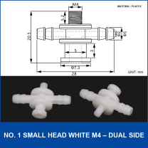 No. 1 Small Head White M4 – Dual Side vacuum cup fitting or adapter, Plastic, Straight Connector, with technical dimensions