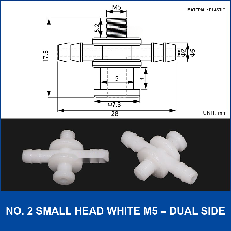 No. 2 Small Head White M5 – Dual Side vacuum cup fitting or adapter, Plastic, Straight Connector, with technical dimensions