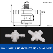 No. 2 Small Head White M5 – Dual Side vacuum cup fitting or adapter, Plastic, Straight Connector, with technical dimensions