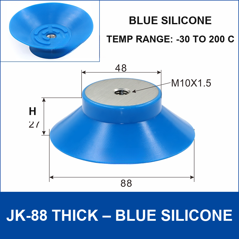 JK-88 Thick – Blue Silicone thick silicone vacuum cup, 88 mm, Blue Silicone, M10×1.5, with technical dimensions