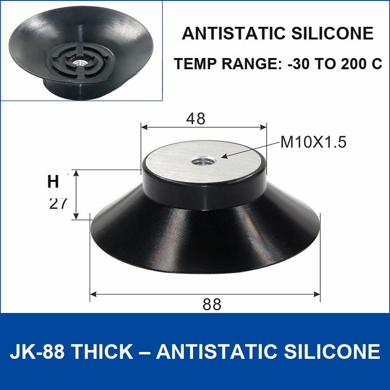 JK-88 Thick – Antistatic Silicone thick silicone vacuum cup, 88 mm, Antistatic Silicone, M10×1.5, with technical dimensions